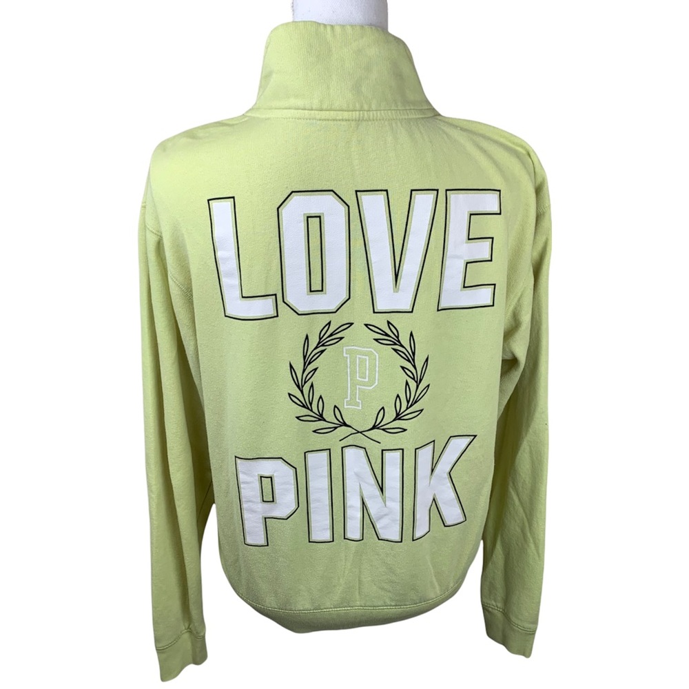 VS PINK Love Pink Back Detail Green Quarter Zip Pullover Sweatshirt - Picture 1 of 15